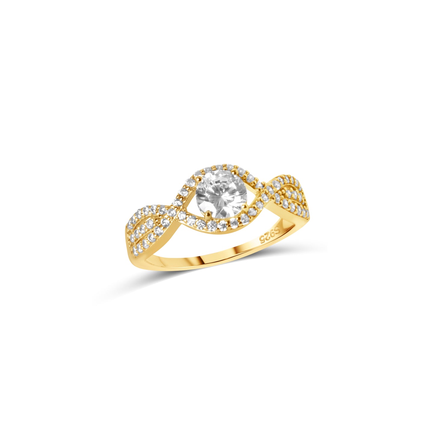 Closeup of Gold Infinite Love Ring with sparkling white zircon stones