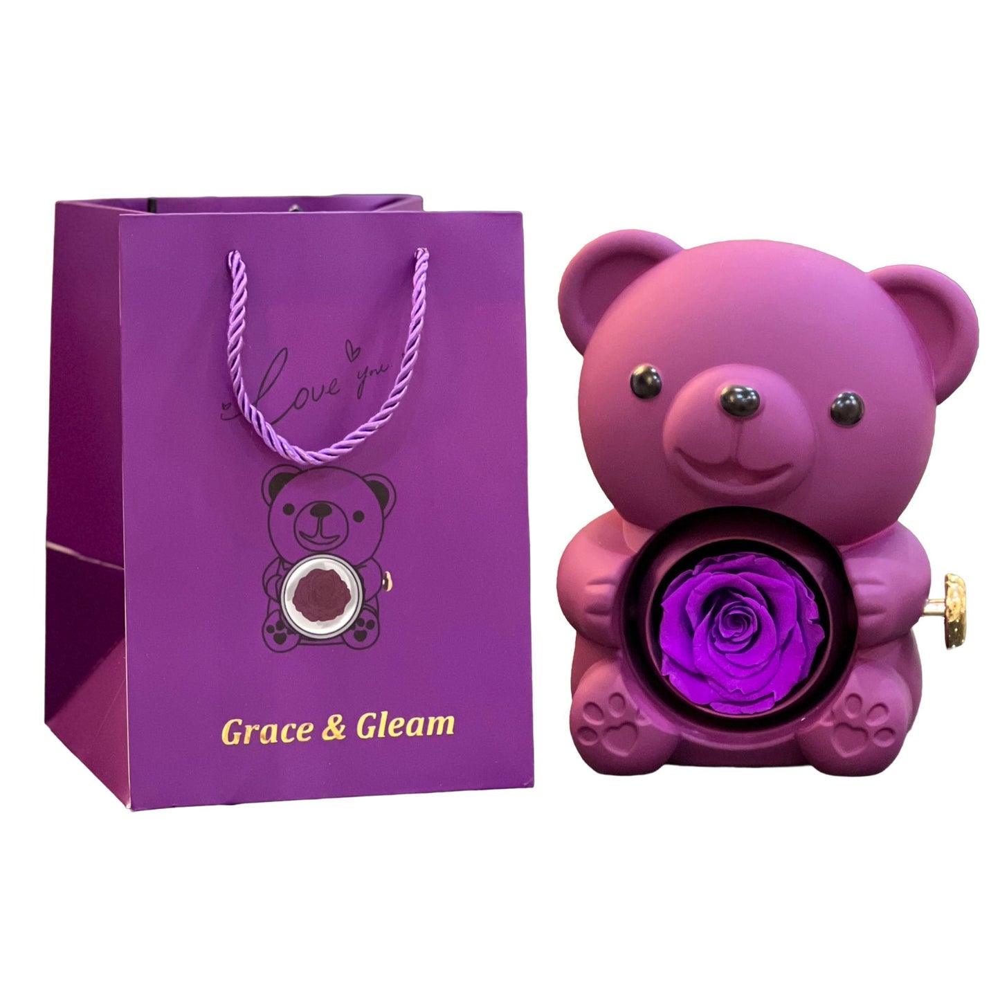 Purple teddy bear rose box and Grace & Gleam gift bag Pakistan