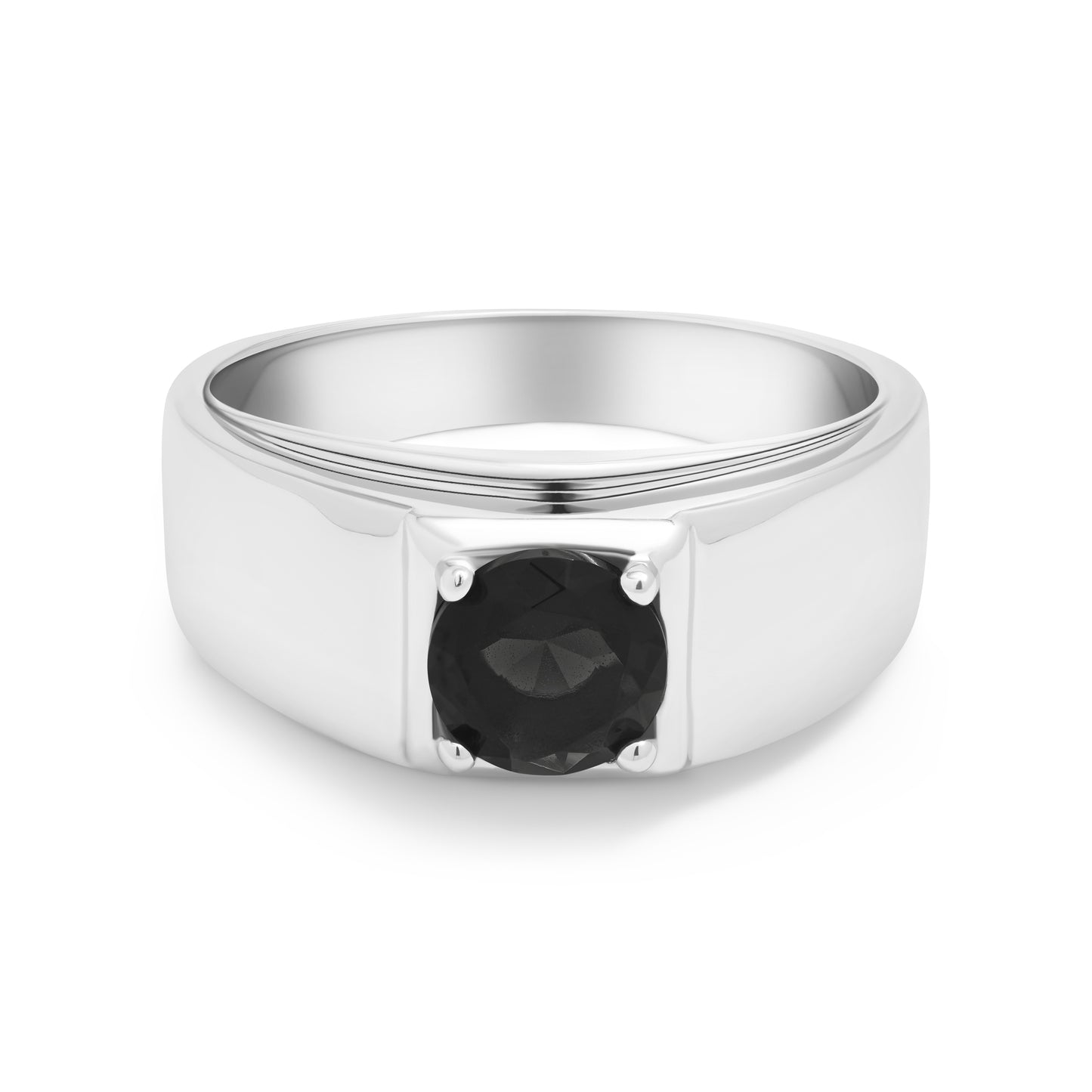 Front view of The Apex men’s silver ring with black round zircon stone – Grace & Gleam