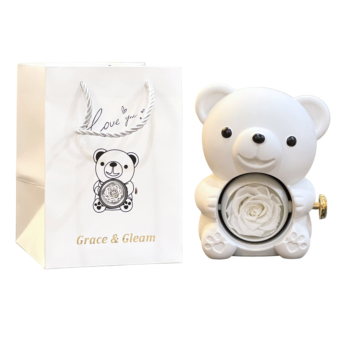 White teddy bear ring box with preserved white forever rose by Grace & Gleam