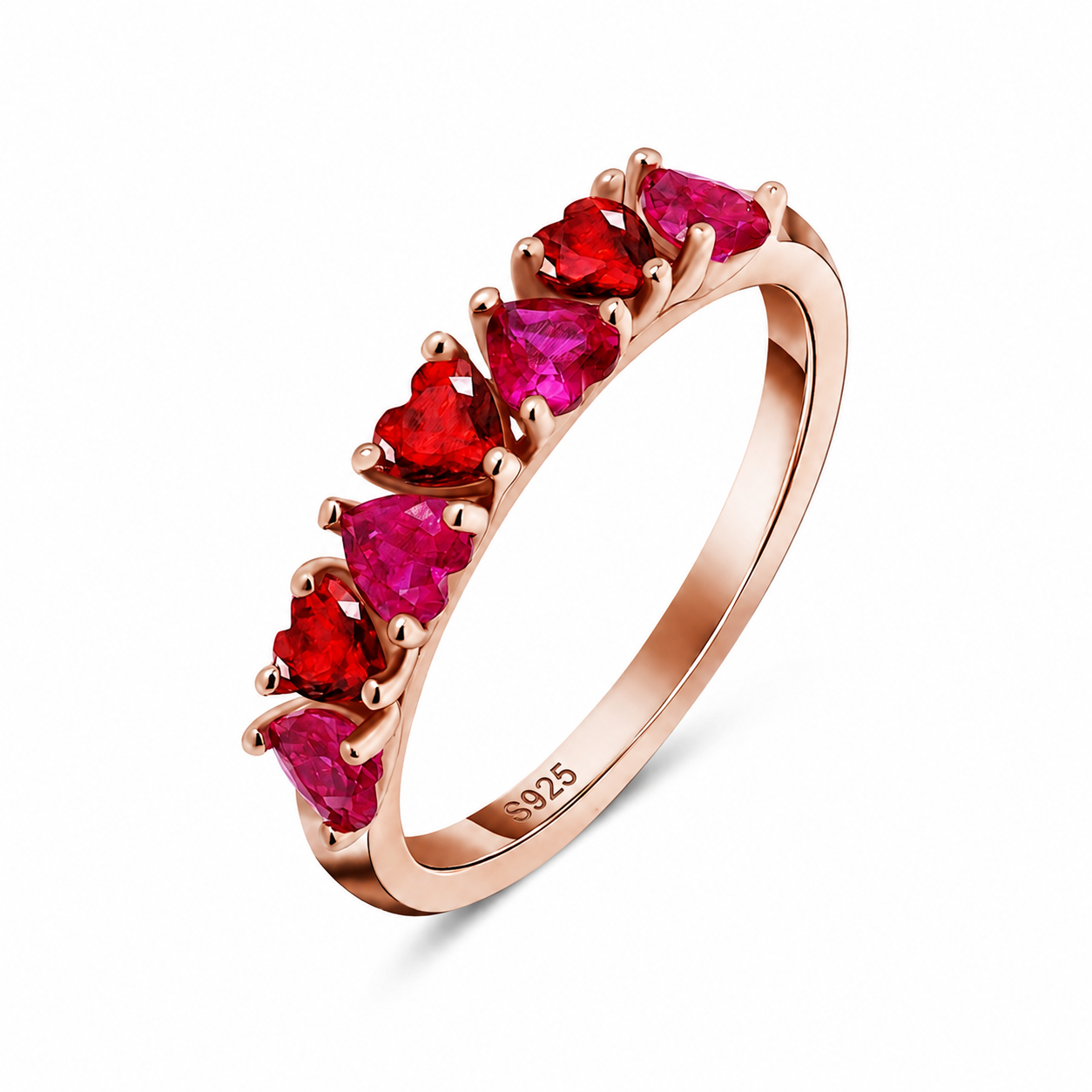 7 Hearts of Love Ring showing eternity style heart stone design in rose gold plated silver