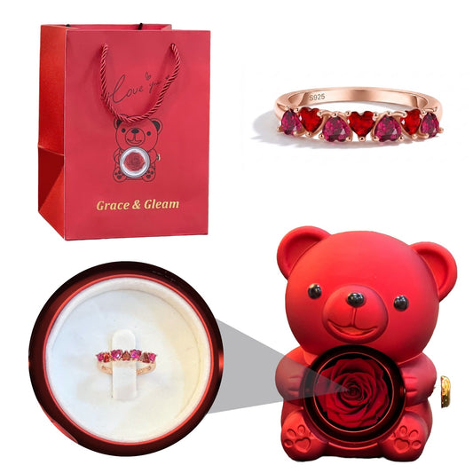 7 hearts of love ring gift set with red teddy bear rose box and Grace & Gleam gift bag Pakistan