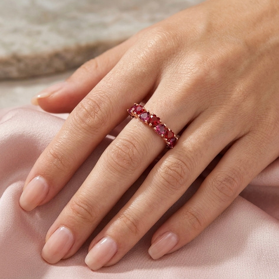 Woman wearing 7 Hearts of Love Ring rose gold heart ring gift for her Pakistan