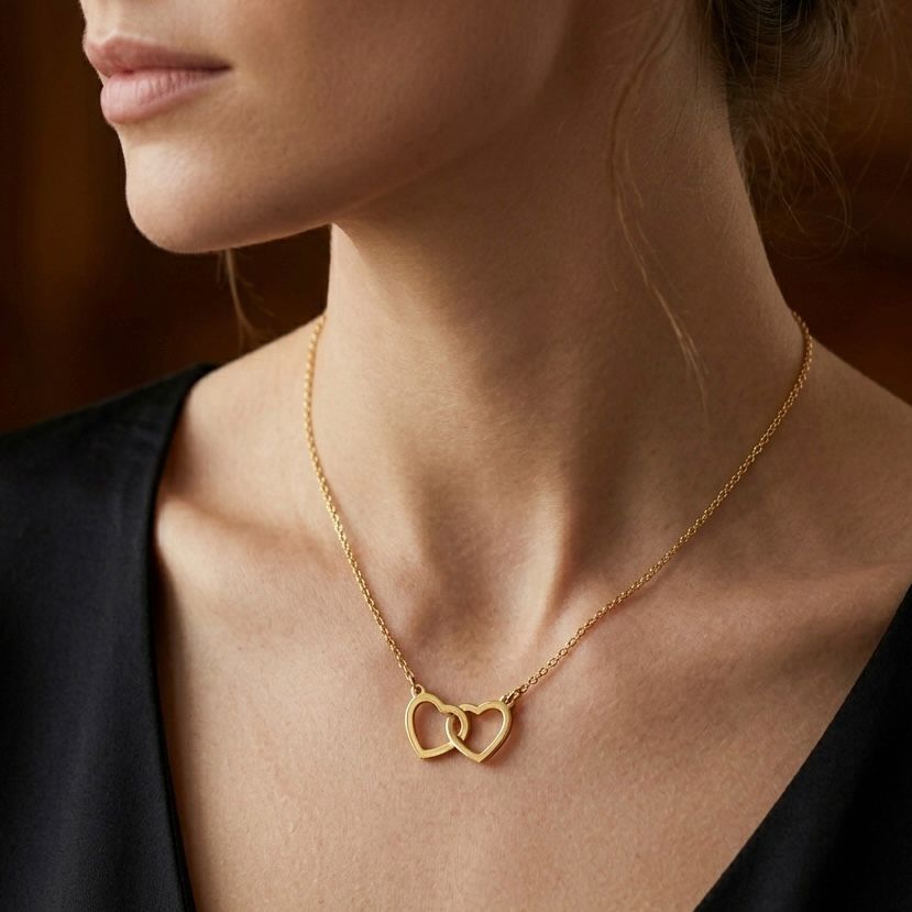 Interlocked double heart necklace close up in gold tone stainless steel