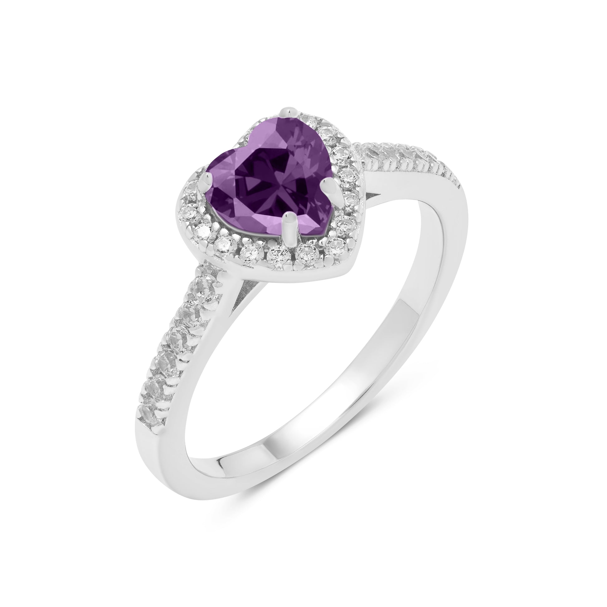 Amethyst-coloured heart cubic zirconia silver ring, side view