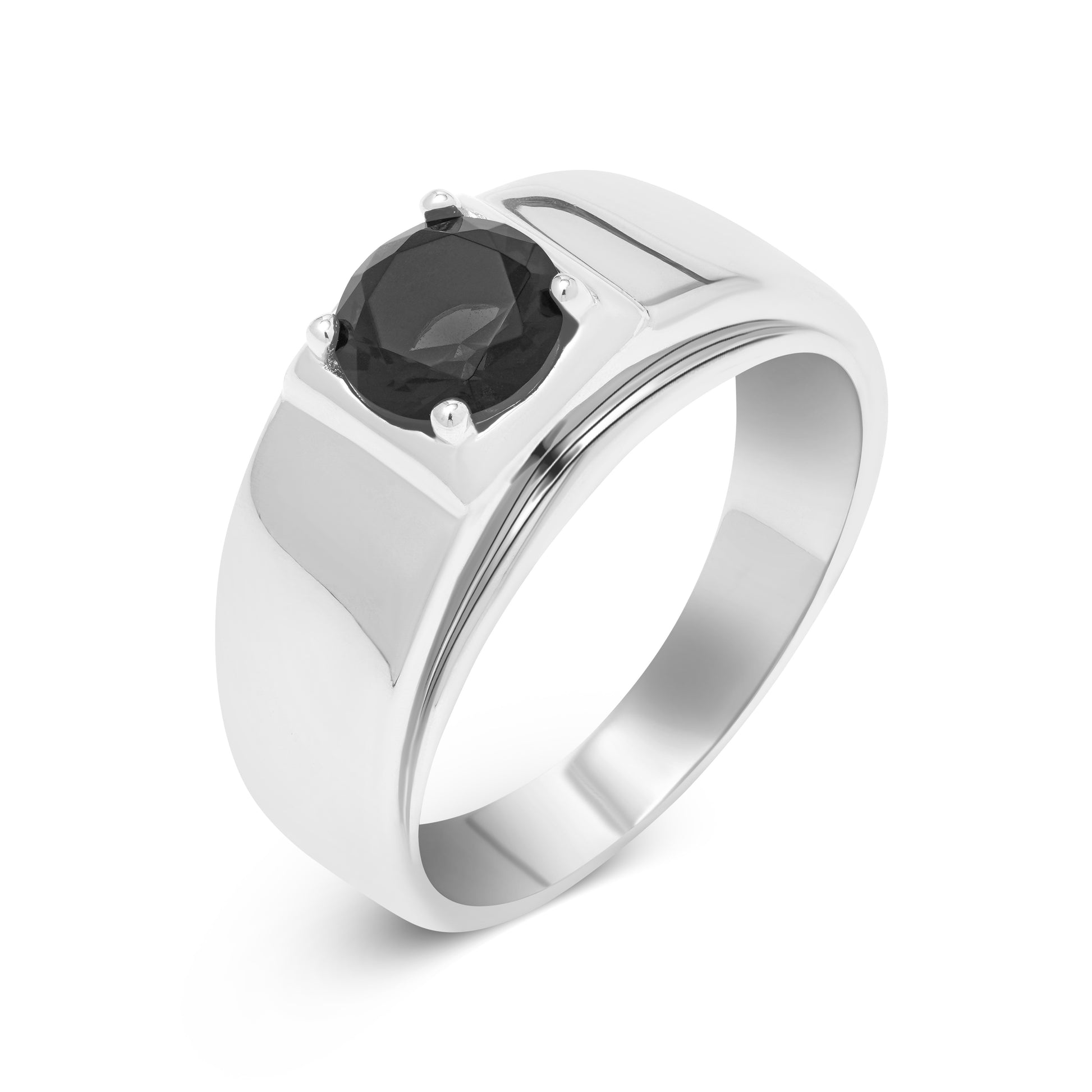 Top angle of The Apex sterling silver ring showing round black zircon center stone