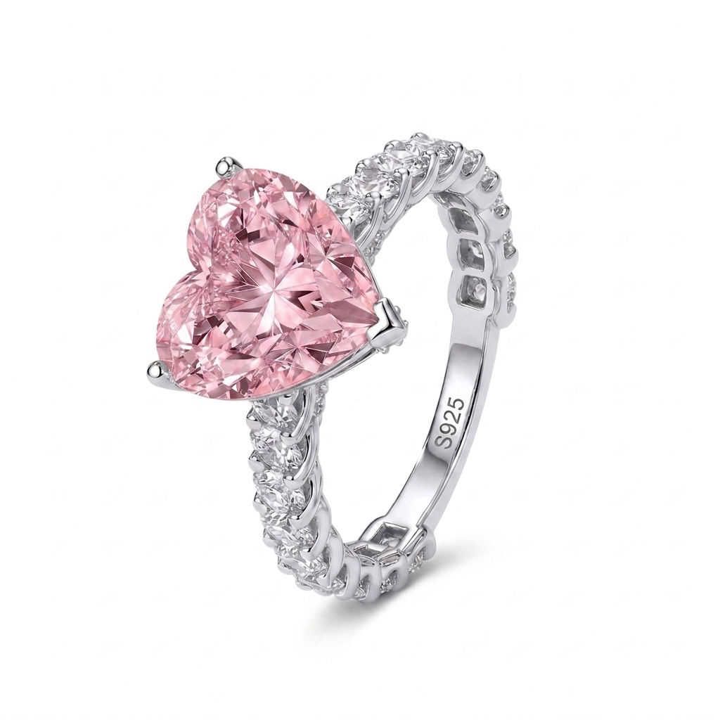 Blush Heart Ring side profile showing heart-cut pink zircon stone