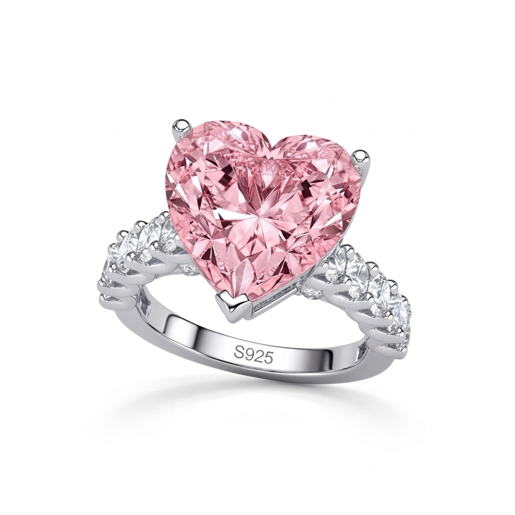 Pink heart ring for women crafted from sterling silver and zircon