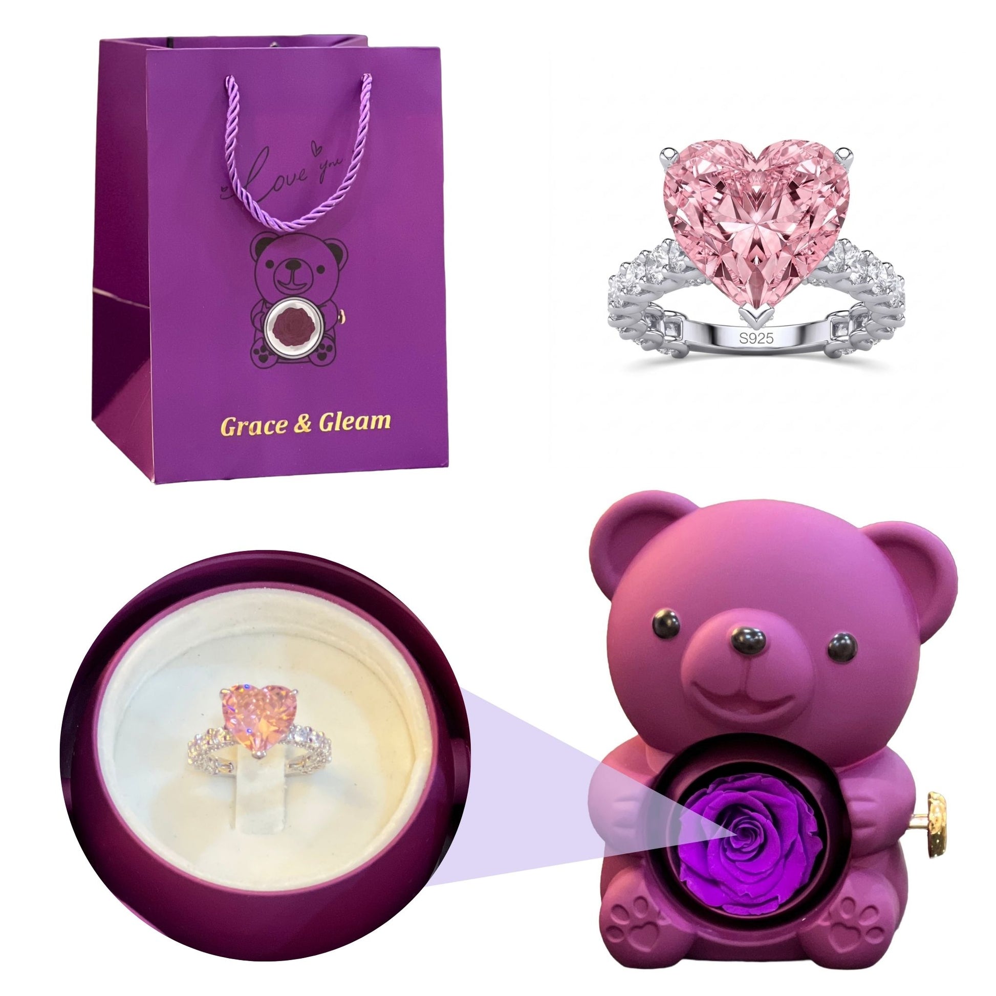Blush heart ring gift set with purple teddy bear rose box and Grace & Gleam gift bag Pakistan