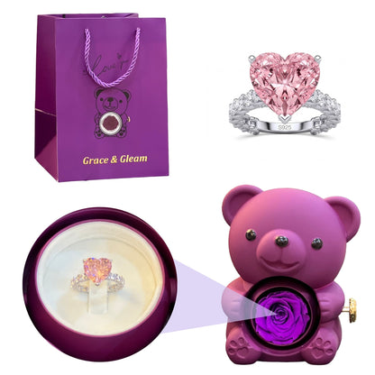 Blush heart ring gift set with purple teddy bear rose box and Grace & Gleam gift bag Pakistan