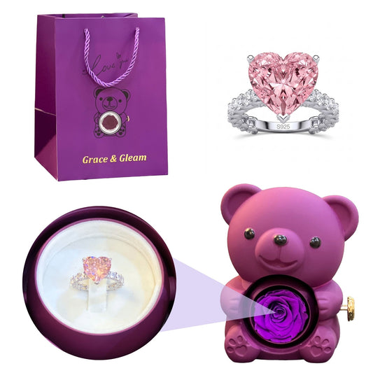 Blush heart ring gift set with purple teddy bear rose box and Grace & Gleam gift bag Pakistan