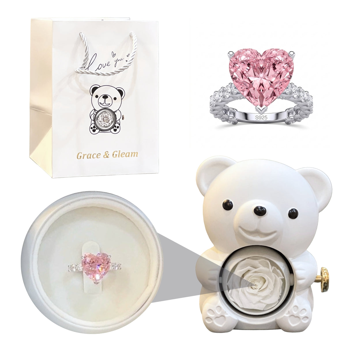 Blush heart ring gift set with white teddy bear rose box and white Grace & Gleam gift bag Pakistan