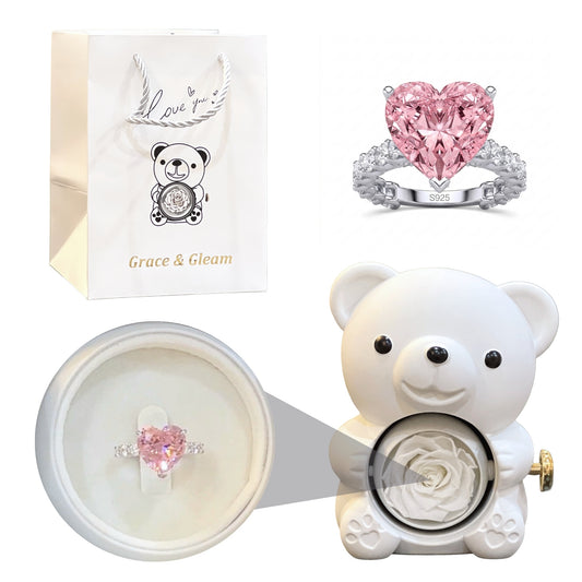 Blush heart ring gift set with white teddy bear rose box and white Grace & Gleam gift bag Pakistan