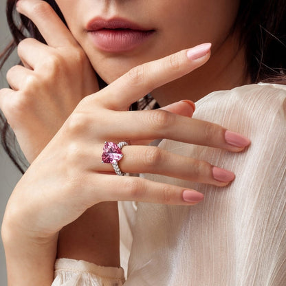 Romantic pink heart sterling silver ring worn by female model Pakistan