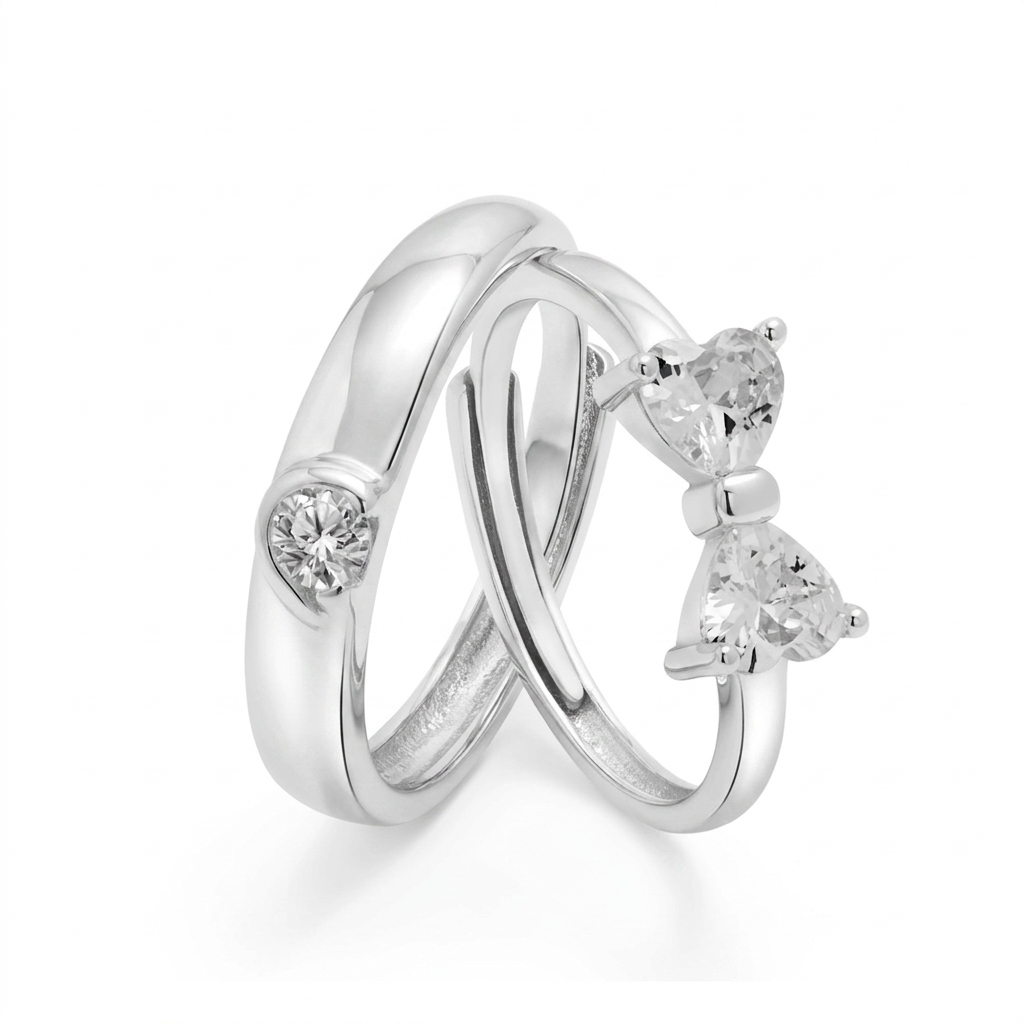Bow of love couple rings adjustable silver heart zircon rings set