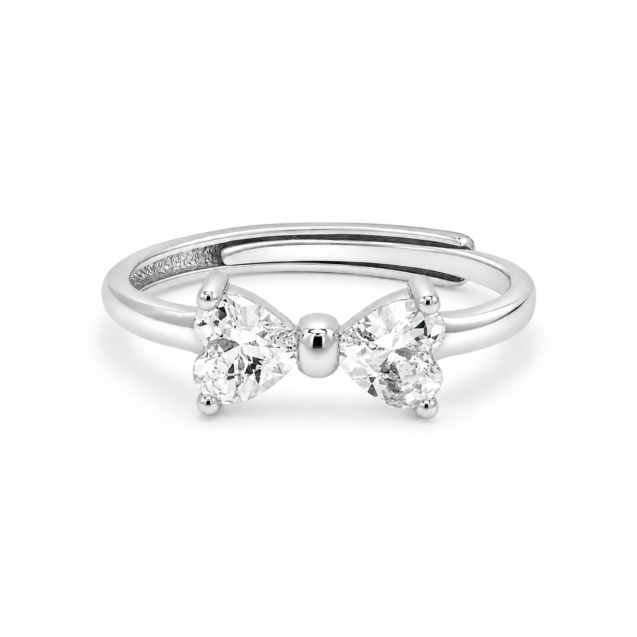 Bow of Love ring with two heart shaped zircon stones in sterling silver