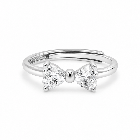 Bow of Love ring with two heart shaped zircon stones in sterling silver