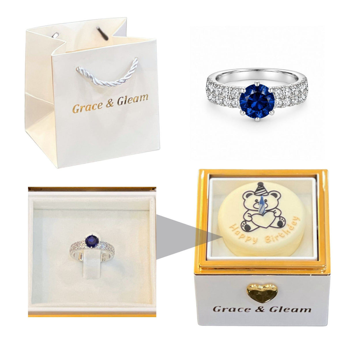 White candle-lit birthday cake gift box with ocean blue ring and Grace & Gleam gift bag Pakistan