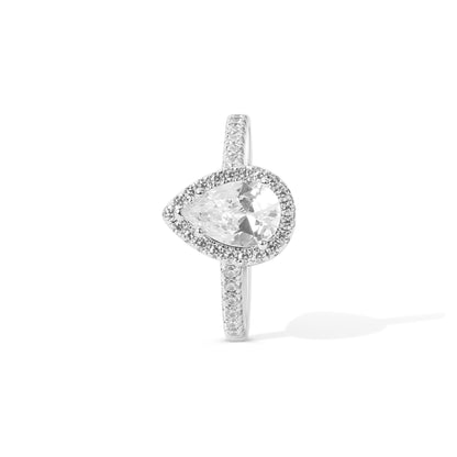 Side angle of rhodium plated pear cut zircon silver ring for women
