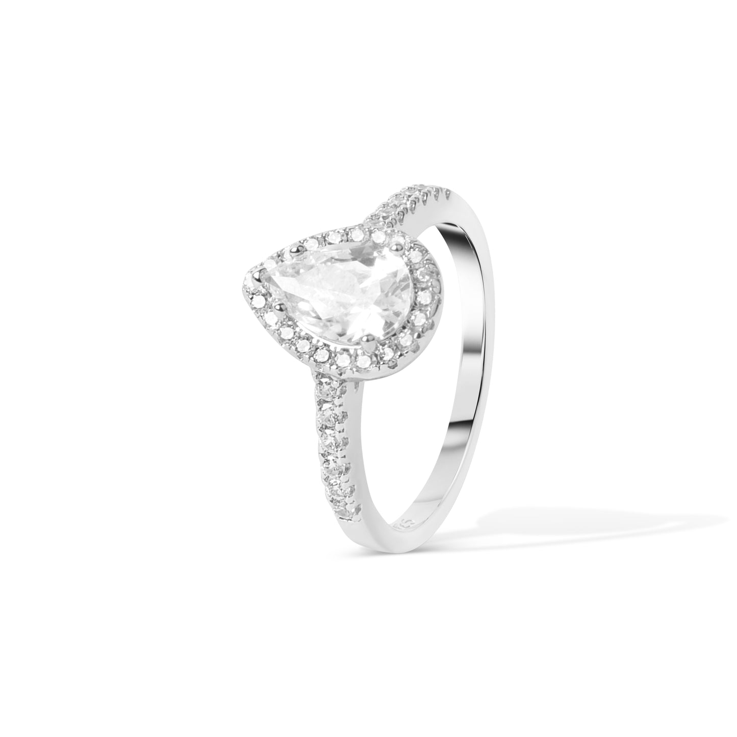 Top view of Classic Drop Ring with teardrop zircon halo design