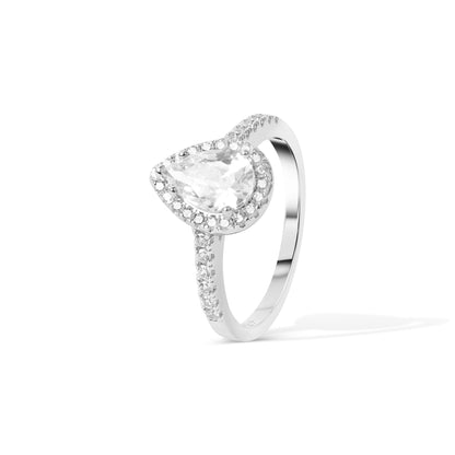 Top view of Classic Drop Ring with teardrop zircon halo design
