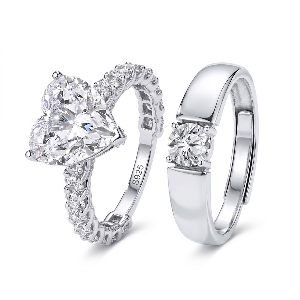 silver couple rings set with heart design and minimalist band