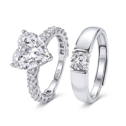 silver couple rings set with heart design and minimalist band