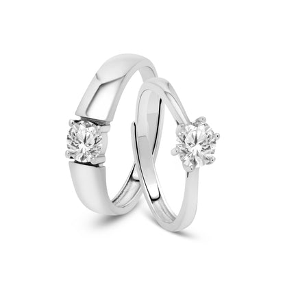 Diamond duo couple rings minimalist silver zircon ring set