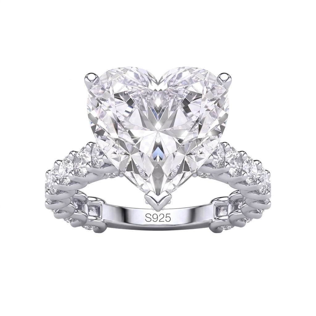 Diamond Heart Ring with 12mm heart-cut zircon stone in sterling silver