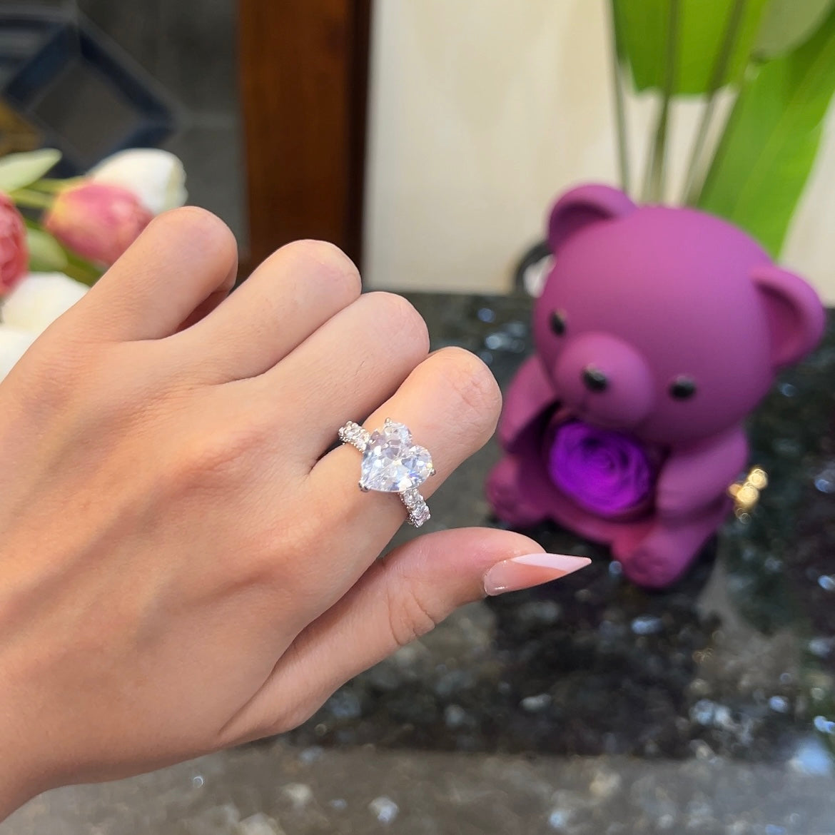 Diamond Heart Ring Purple Teddy Bear Gift Set