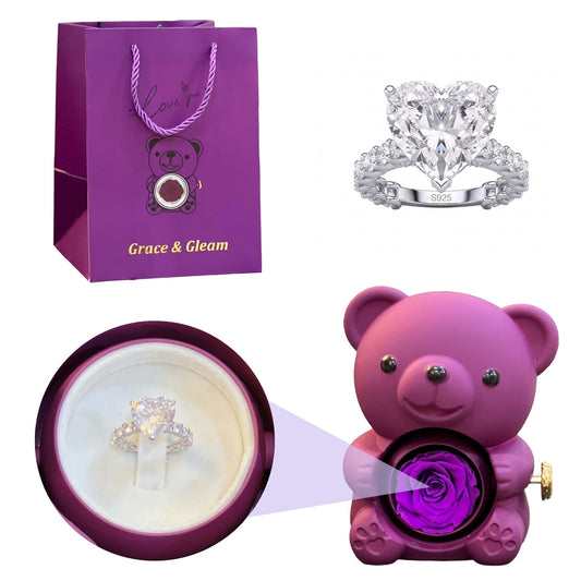 Diamond Heart Ring Purple Teddy Bear Gift Set