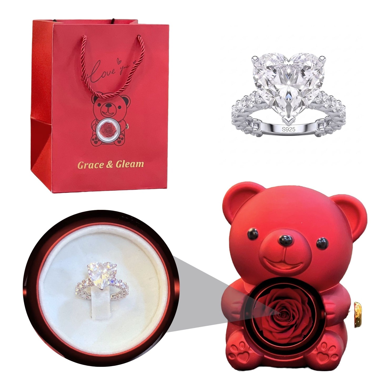 Diamond heart ring gift set with red teddy bear rose box and Grace & Gleam gift bag Pakistan