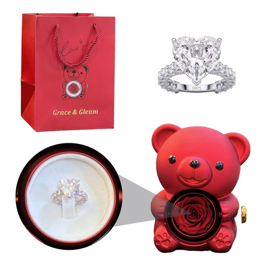 Diamond heart ring gift set with red teddy bear rose box and Grace & Gleam gift bag Pakistan