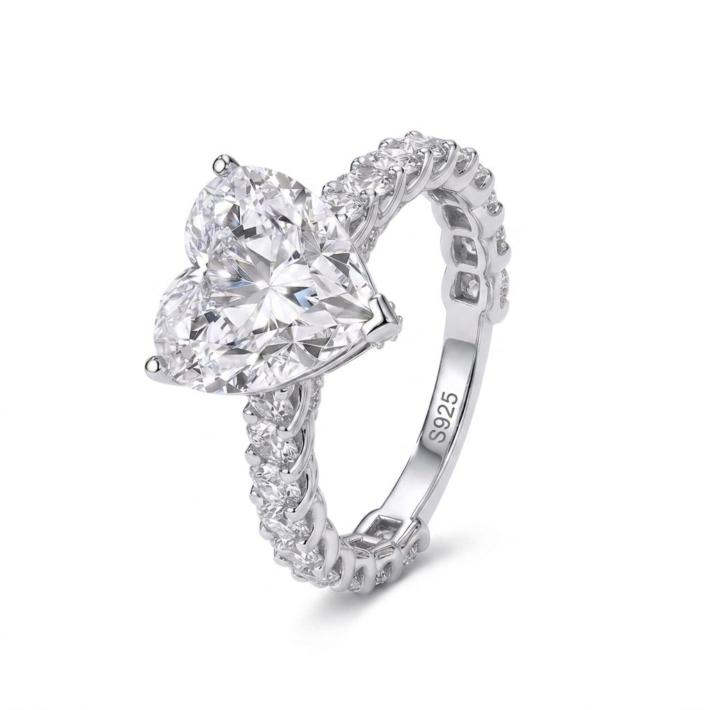 Side angle view of Diamond Heart Ring in rhodium plated sterling silver