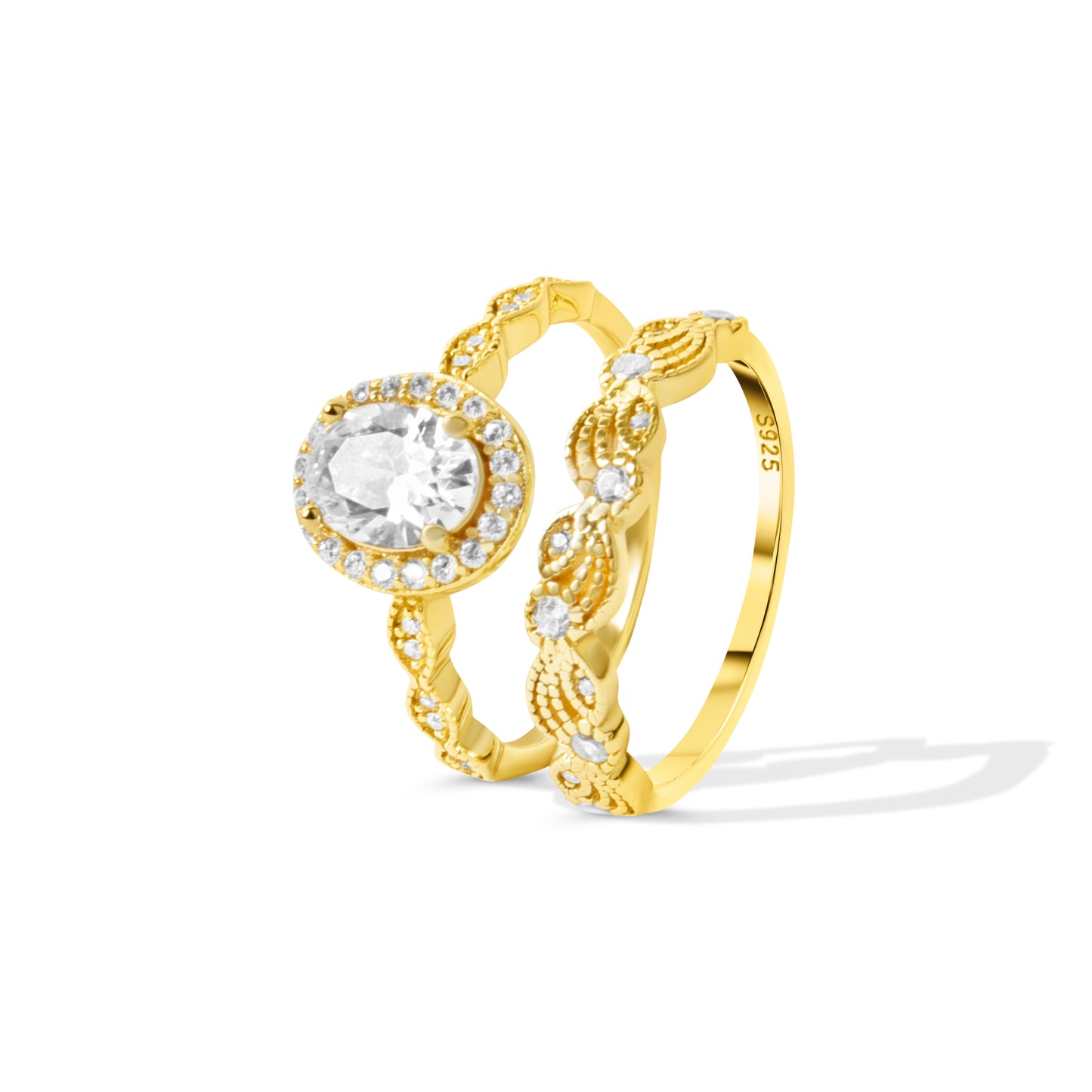 Double band oval halo ring in 18KT gold plated 925 silver with white cubic zirconia stones