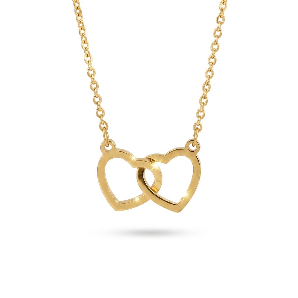 Double heart necklace in gold tone stainless steel with interlocked hearts