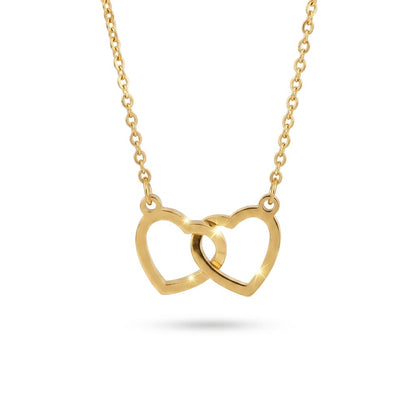 Double heart necklace in gold tone stainless steel with interlocked hearts