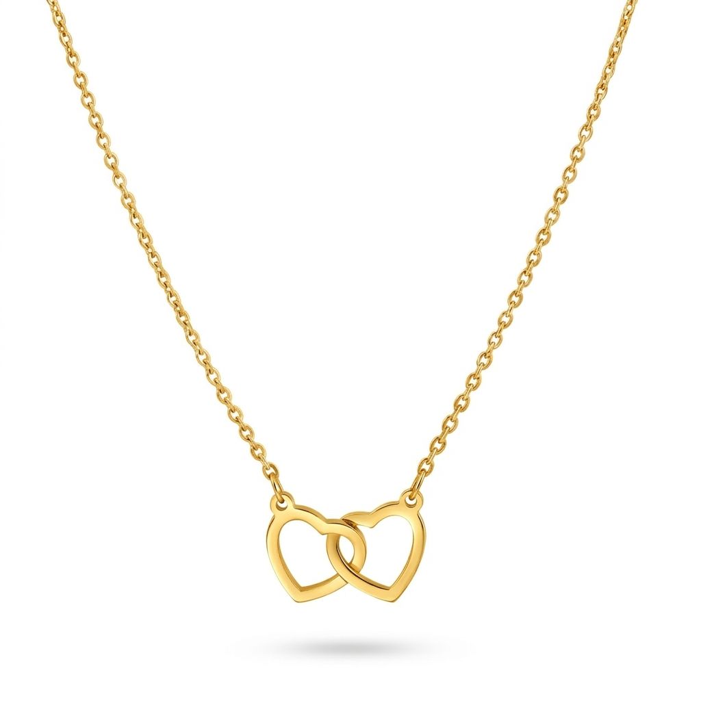 Gold tone double heart necklace with two linked hearts on stainless steel chain
