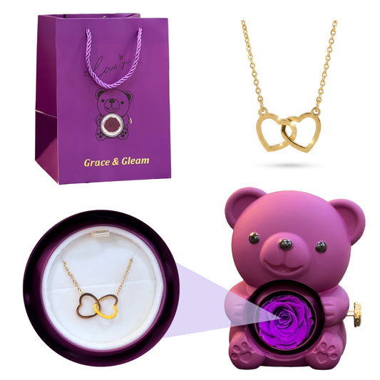 Double heart necklace gift set with purple teddy bear rose box and Grace & Gleam gift bag Pakistan