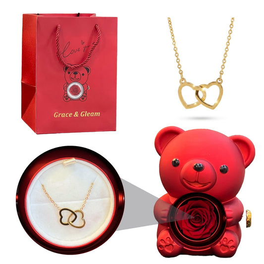 Double heart necklace gift set with red teddy bear rose box and Grace & Gleam gift bag Pakistan