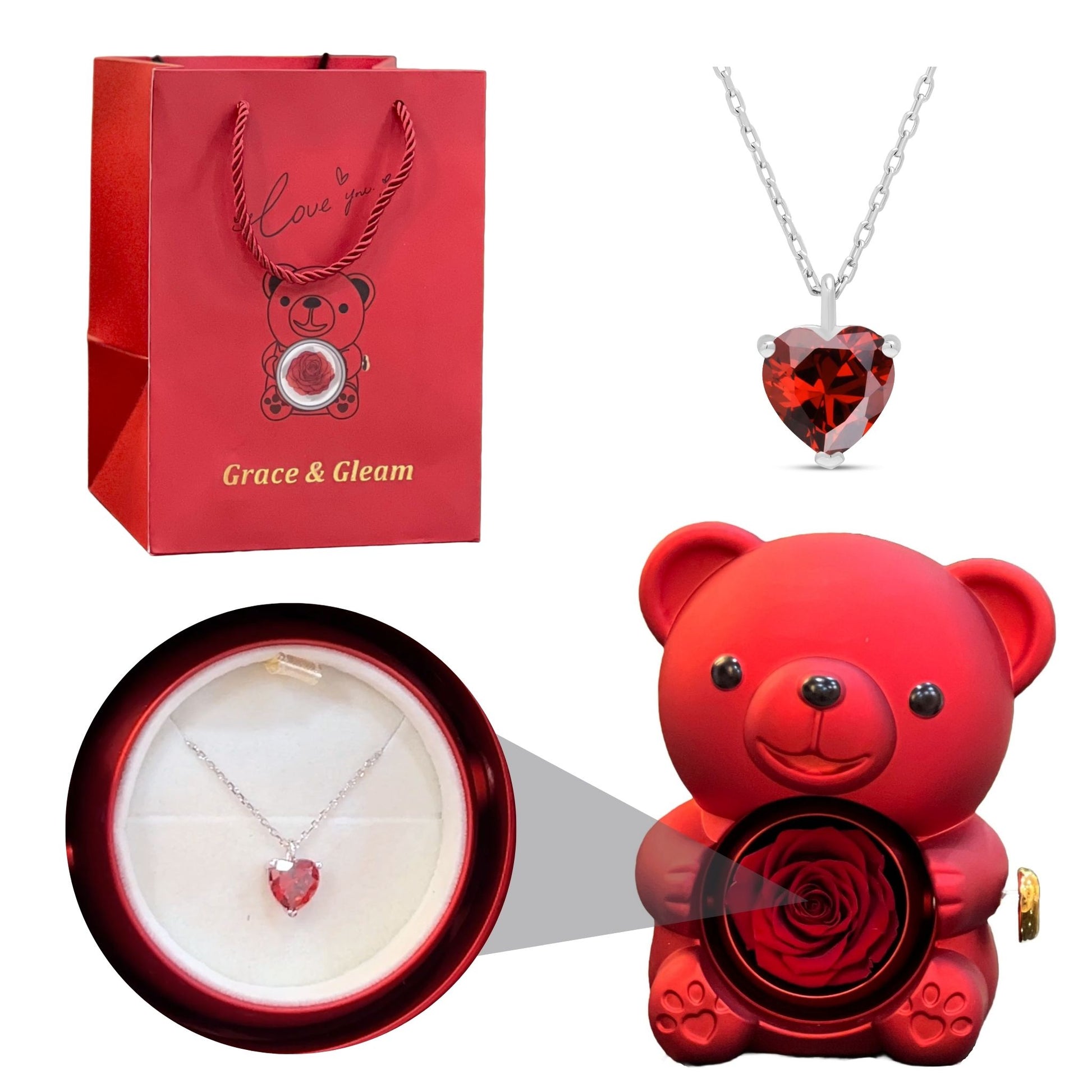 Elite heart pendant gift set with red teddy bear rose box and Grace & Gleam gift bag Pakistan