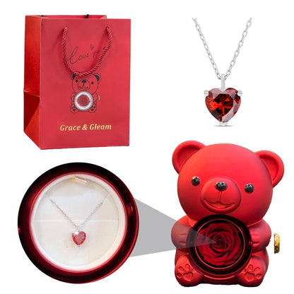 Elite heart pendant gift set with red teddy bear rose box and Grace & Gleam gift bag Pakistan
