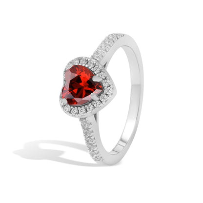 Elite Heart Ring in 925 sterling silver with red heart zircon stone and sparkling white zircon halo Pakistan