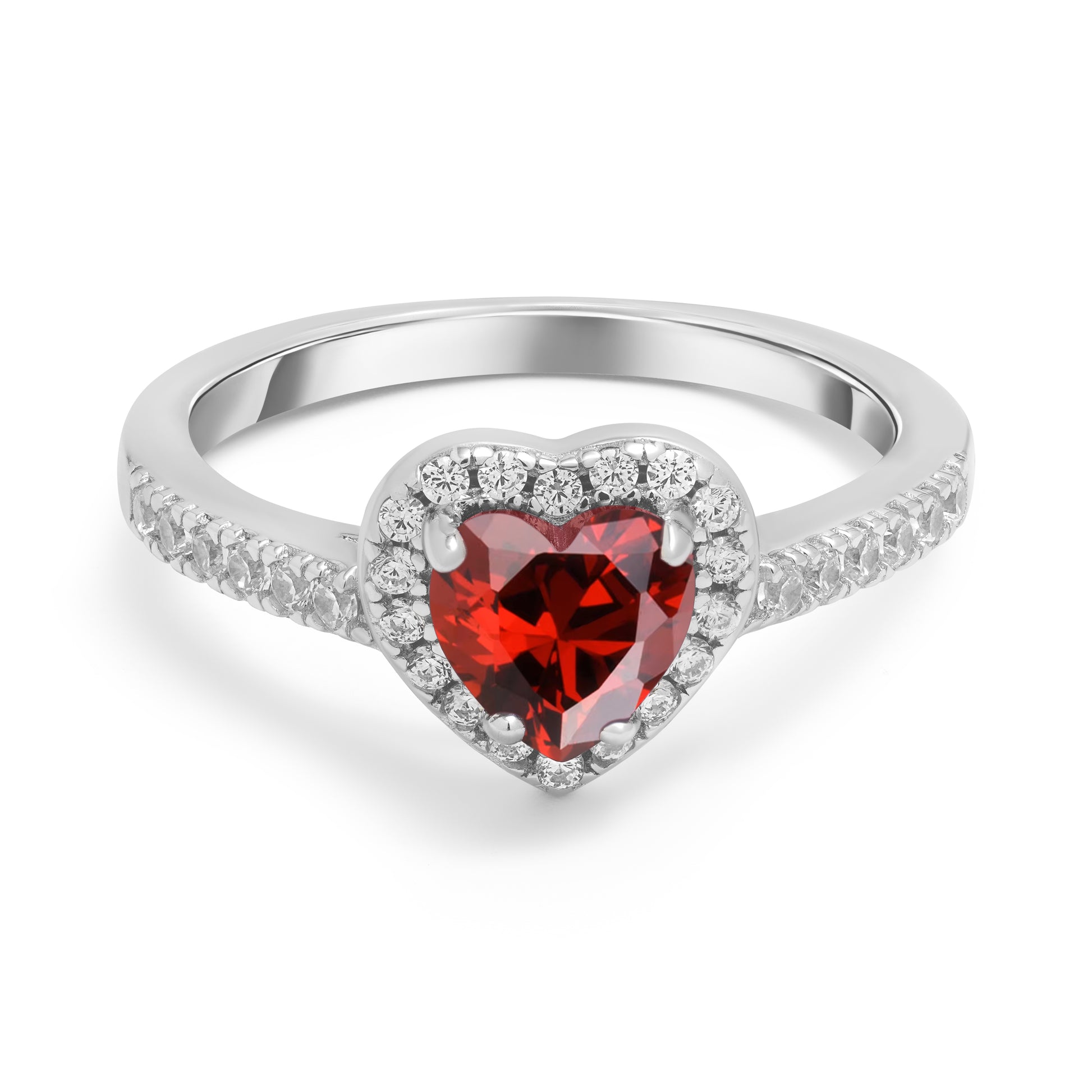 Close up of Elite Heart Ring featuring red heart shaped zircon stone in sterling silver