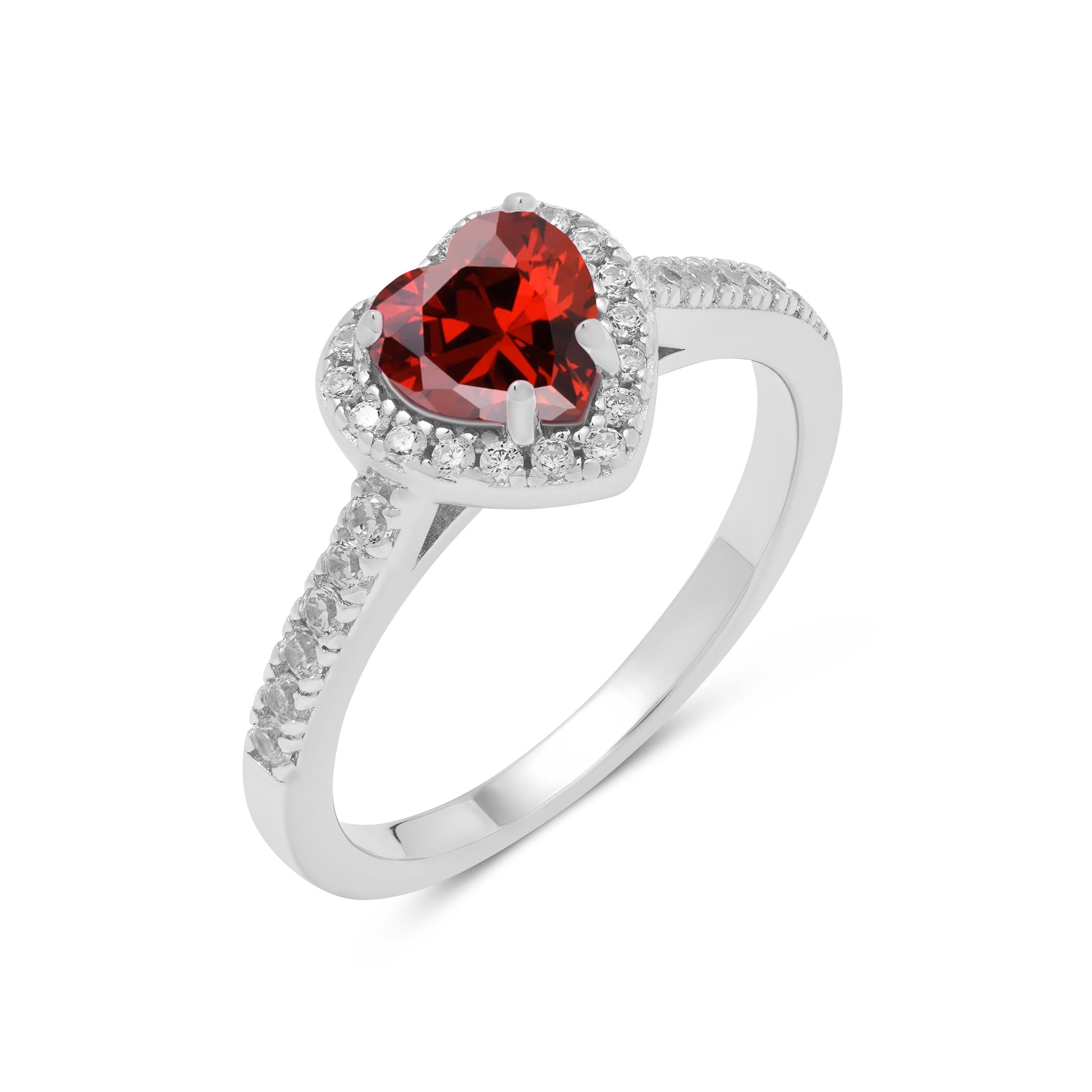Side view of Elite Heart Ring showing zircon band and heart shaped red stone
