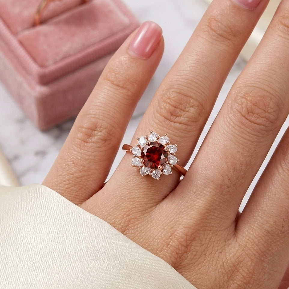 Woman wearing Floral Flame Ring with garnet red zircon flower design