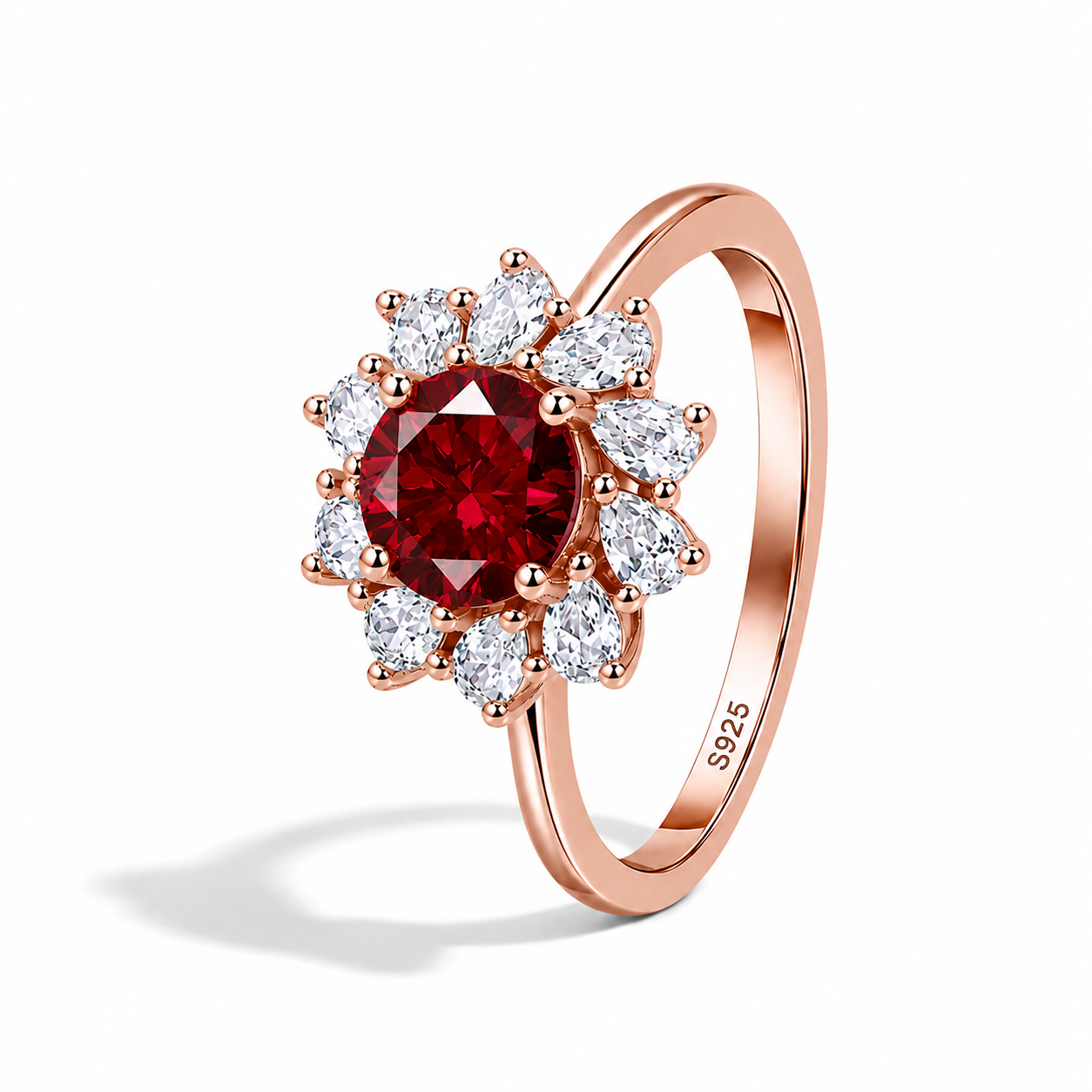 Floral Flame Ring in rose gold plated 925 sterling silver with red garnet zircon flower design Pakistan