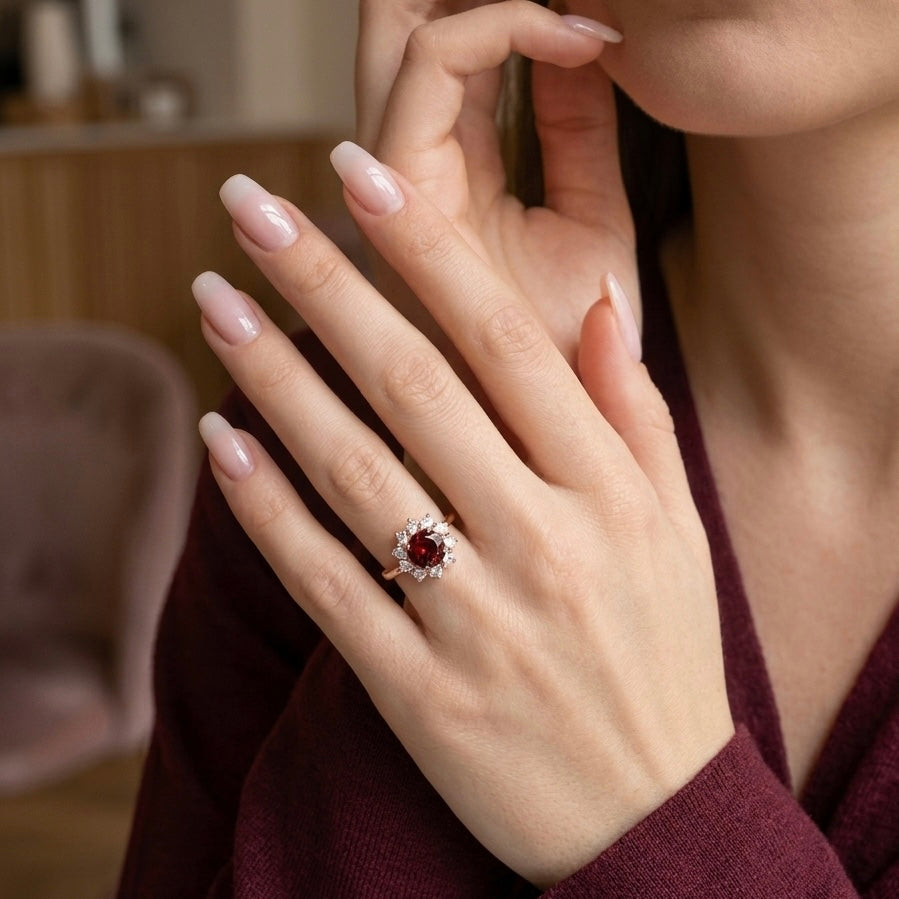 Elegant floral zircon ring in rose gold worn on hand in Pakistan