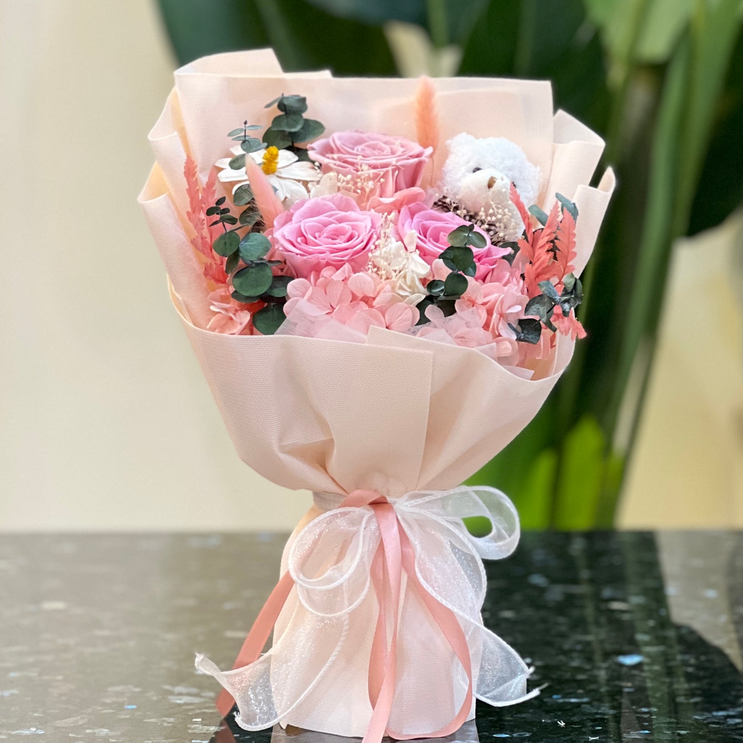 Forever Flowers Bouquet – Pink, preserved roses with a teddy bear, wrapped and ribboned