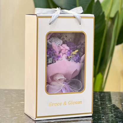 Purple preserved flower bouquet in a Grace & Gleam window gift box